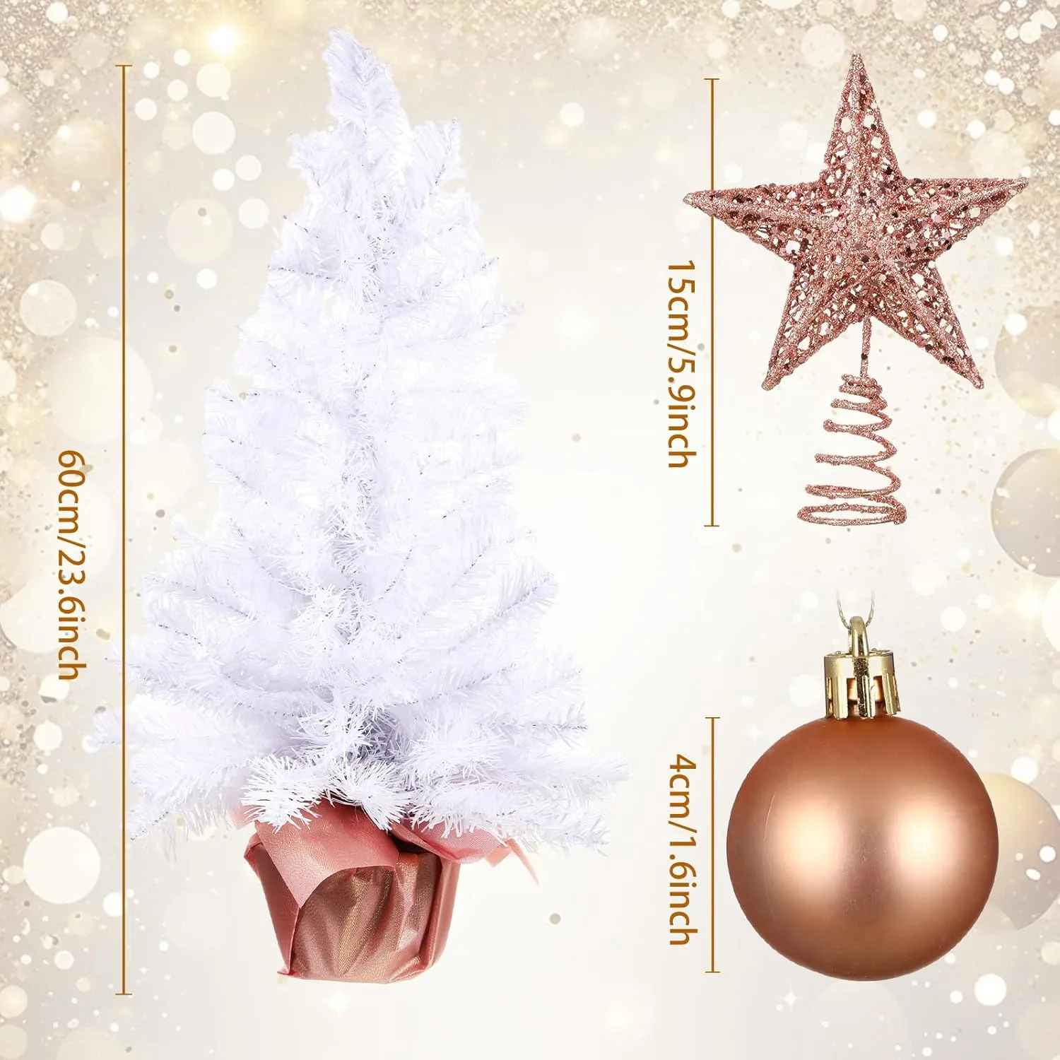 Sumind 24 Inch Tabletop Mini Christmas Tree Pink White Set with Lights 24 Christmas Ball Ornaments Star Tree Pre-lit Small Artificial Tree for Xmas Table Home Decor(Rose Gold, White Tree)