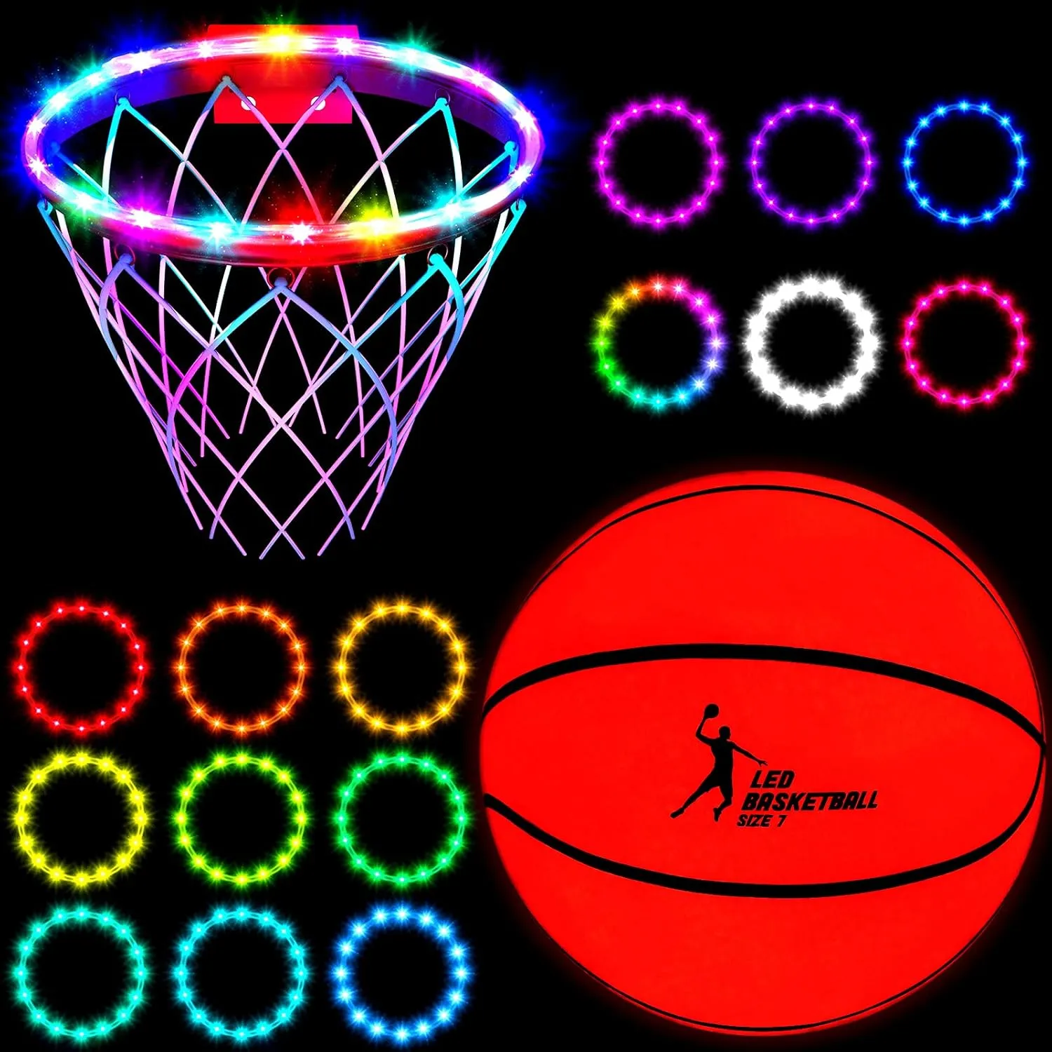 Sumind 8 Pcs Glow in The Dark Basketball for Boys Light up Ball LED Toys Basketball Night Games 17 Colors Hoop Rim Lights Remote Control Waterproof 7 Lighting Modes for Teen Boy Girl Gifts