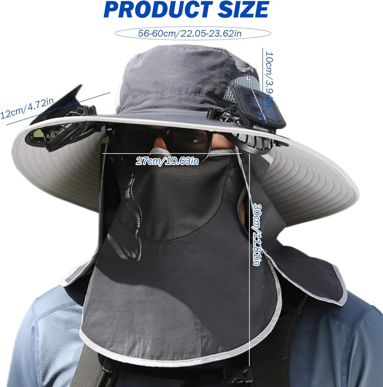 Sun Hat with 2 Solar Fans,UPF 50  Solar Powered Fans Hat,3 Speeds Wide Brim Fishing Cowboy Hats with Detachable Face Cover