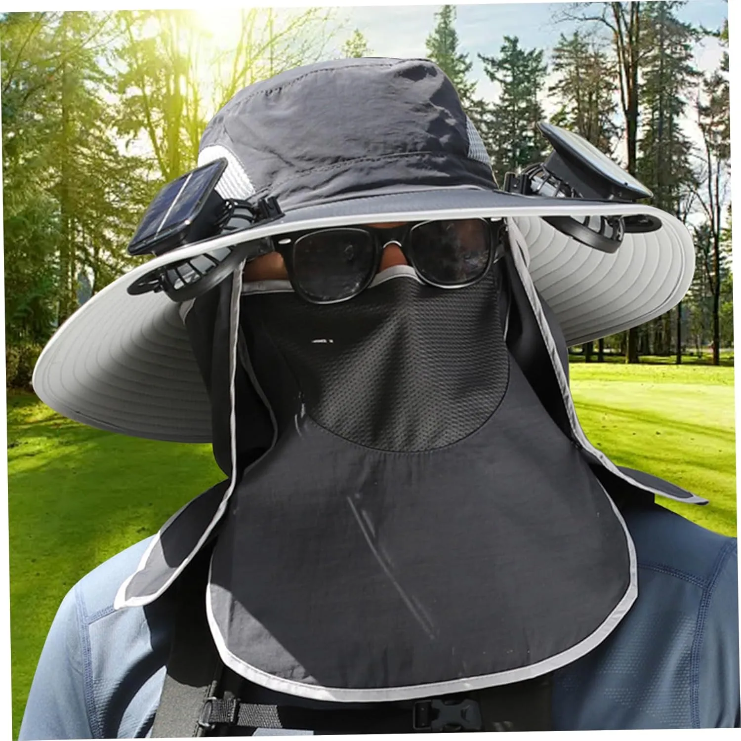 Sun Hat with 2 Solar Fans,UPF 50  Solar Powered Fans Hat,3 Speeds Wide Brim Fishing Cowboy Hats with Detachable Face Cover