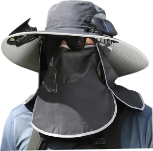 Sun Hat with 2 Solar Fans,UPF 50  Solar Powered Fans Hat,3 Speeds Wide Brim Fishing Cowboy Hats with Detachable Face Cover