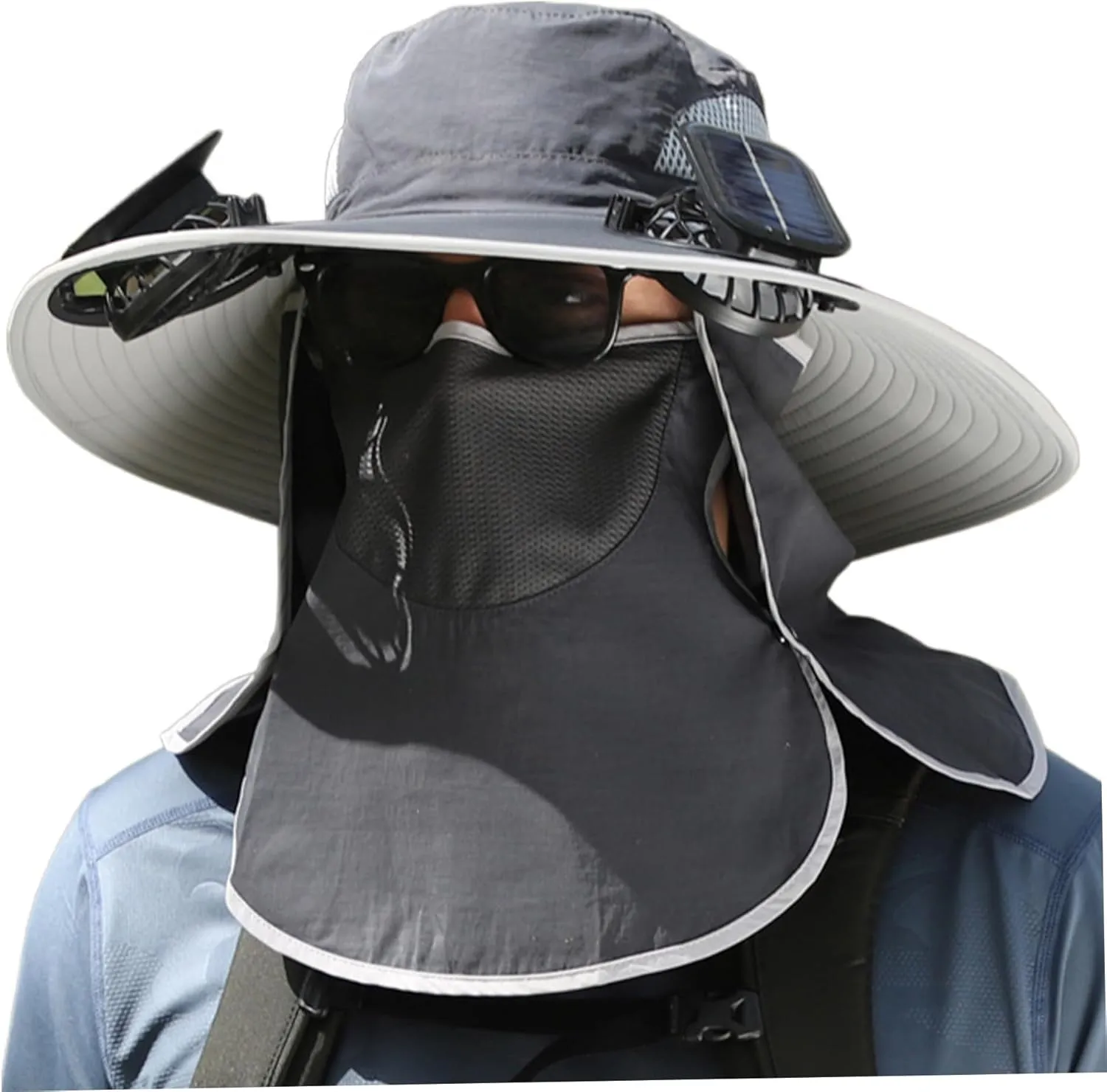 Sun Hat with 2 Solar Fans,UPF 50  Solar Powered Fans Hat,3 Speeds Wide Brim Fishing Cowboy Hats with Detachable Face Cover