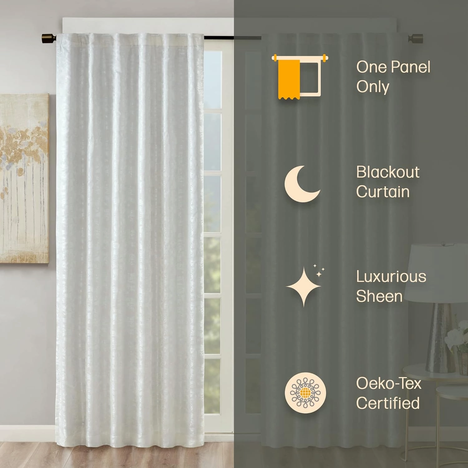 Sun Smart Cassius, Single Total Blackout Curtain for Bedroom, Luxurious Sheen Marble Jacquard, Window Treatment Panel, Rod Pocket Top, Easy to Hang, Fits 1.25" Rod, Machine Washable, 50" x 95" White