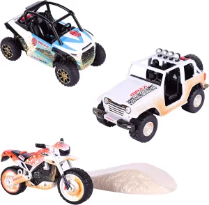 Sunny Days Entertainment Maxx Action Mini Off-Road Lights & Sounds Vehicles – 3 Pack with Motorcycle with Dirt Mound, ATV and Sports Vehicle
