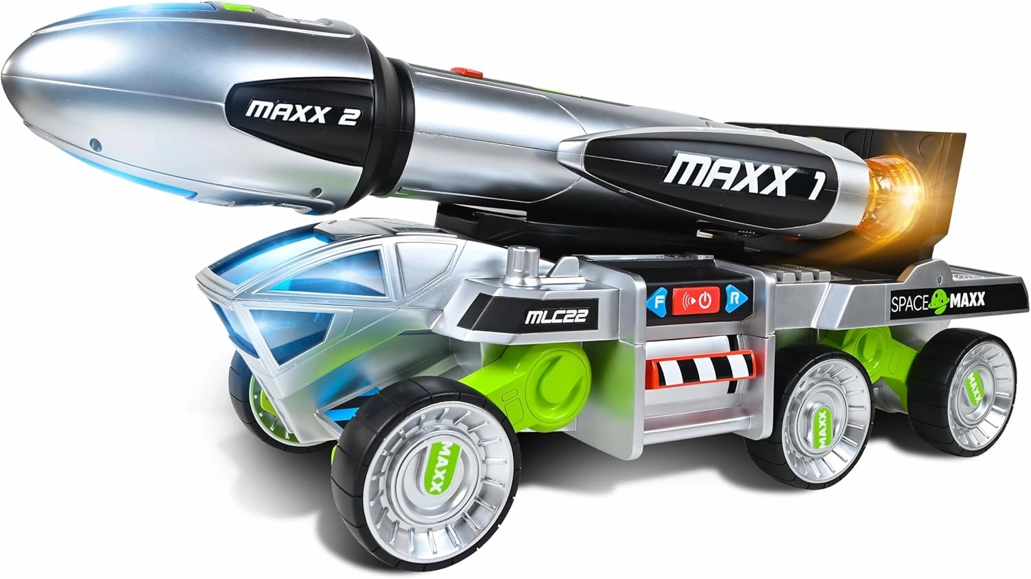 Sunny Days Entertainment Maxx Action 3-N-1 Blast Off Booster Rocket – Lights, Sounds and Motorized Drive | Includes Transport Vehicle, Rocket and Capsule | Space Toy for Kids