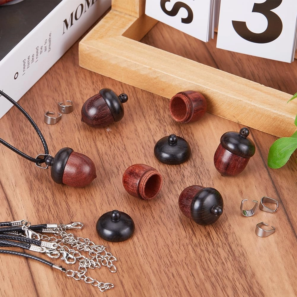 SUNNYCLUE 6 Sets Wooden Acorn Locket Necklace Making Kit Wooden Acorn Charms Wood Acorn Charms Autumn Christams Mini Wooden Nut Charms Brown Detachable Wood Acorn Box Charms for Jewelry Making Kits
