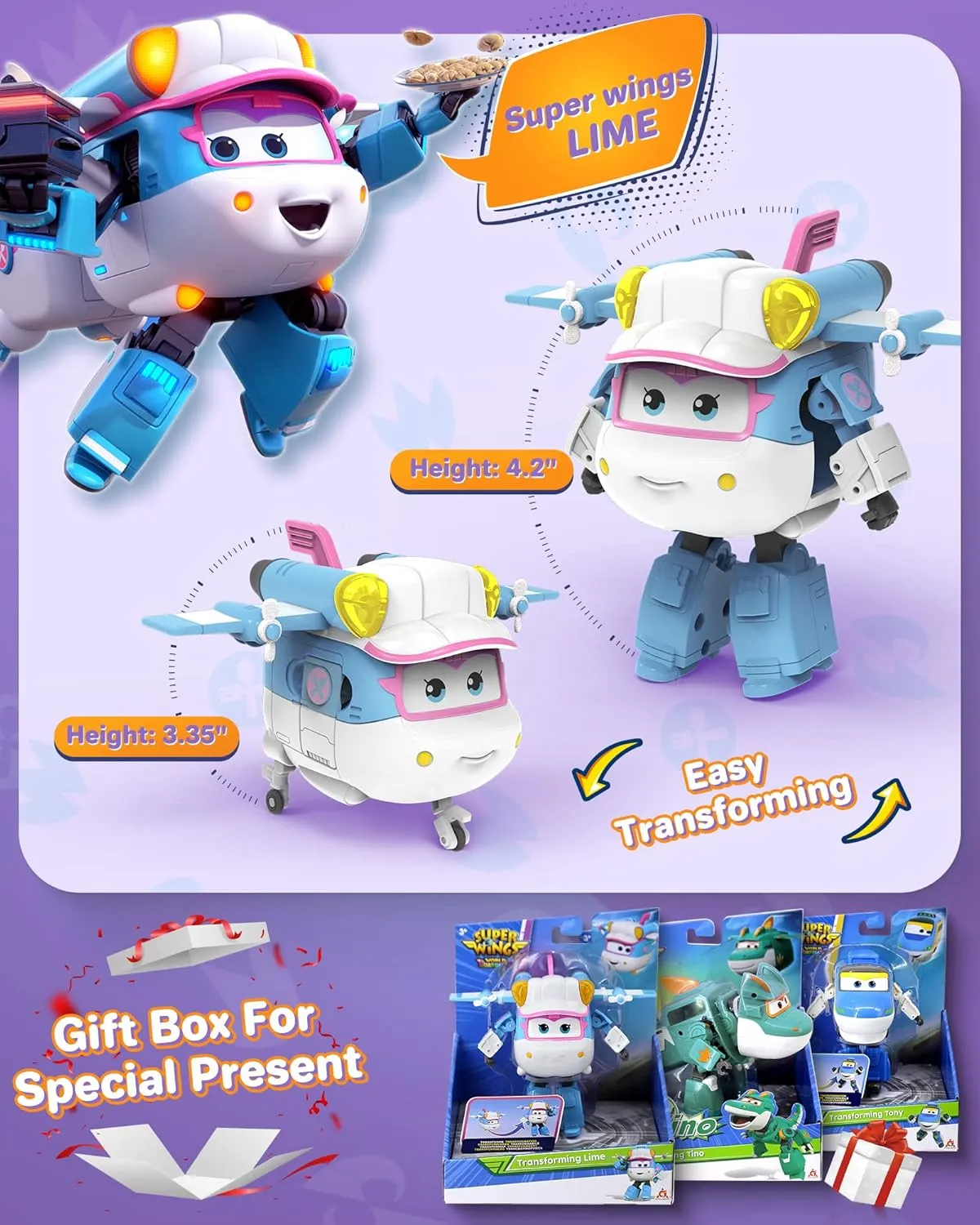 Super Wings - 5" Transforming Lime Airplane Toys Vehicle Action Figure, Season 6 New Character, Plane to Robot in 10 Steps, Birthday Gifts for 3 4 5 Year Old Boys and Girls Preschool Kid