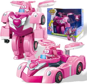 Super Wings Transformable Toys, 7" Super Robot and 2" Mini Dizzy Transforming Suit, 2 in 1 Racing Car-Robot Action Figure for Boys and Girls Age 3 , Gifts for Preschool Kids, Pink