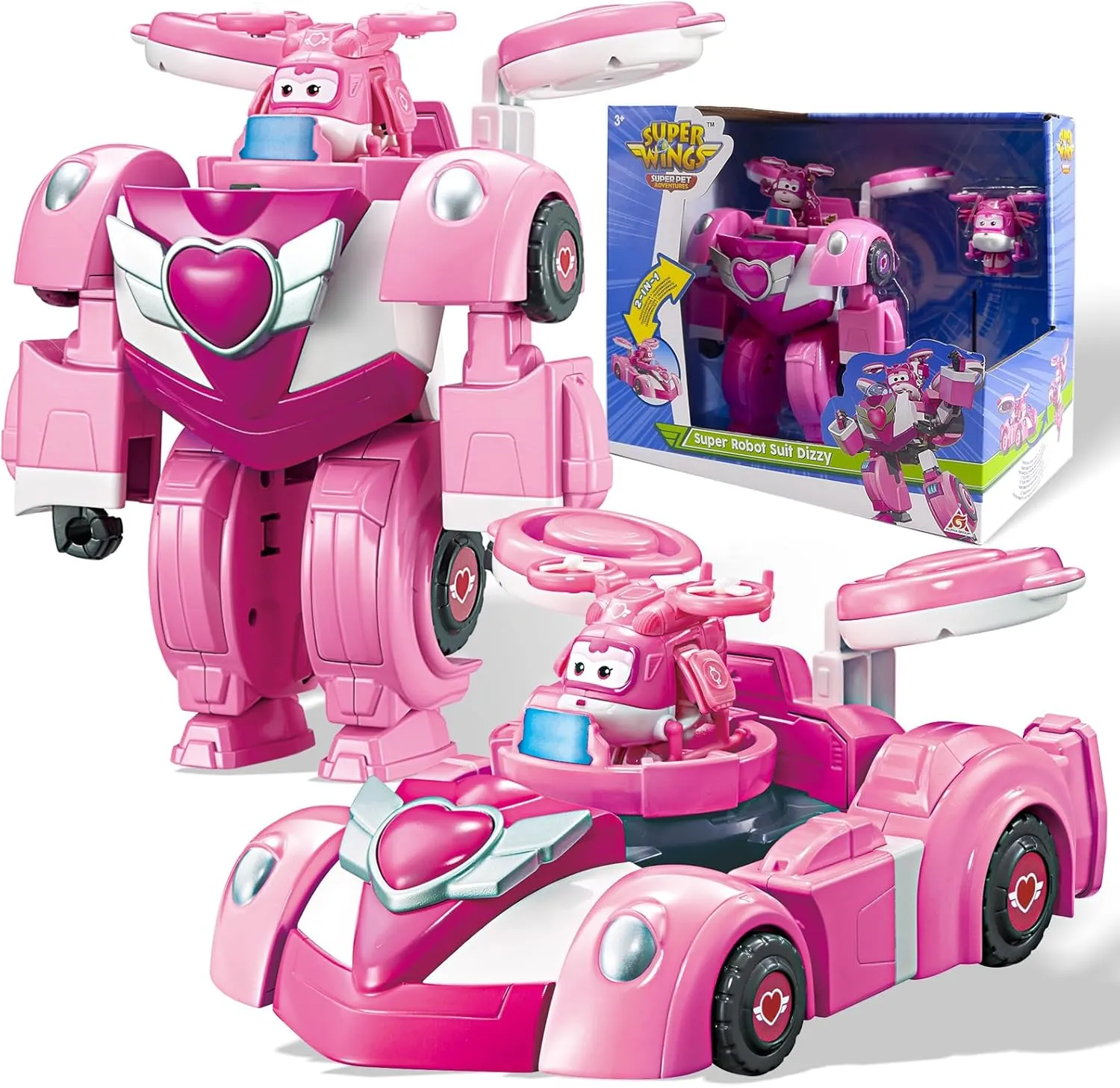 Super Wings Transformable Toys, 7" Super Robot and 2" Mini Dizzy Transforming Suit, 2 in 1 Racing Car-Robot Action Figure for Boys and Girls Age 3 , Gifts for Preschool Kids, Pink