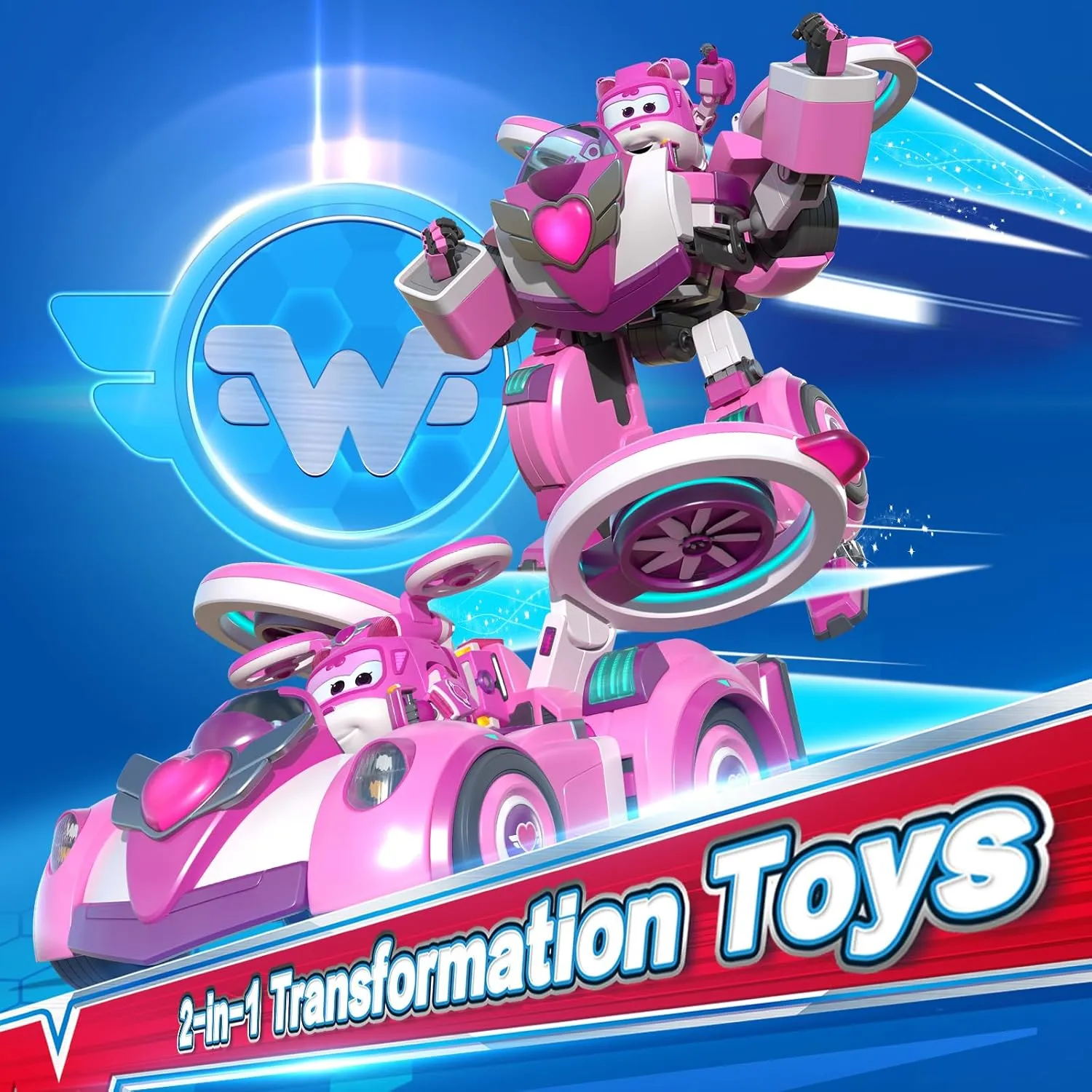 Super Wings Transformable Toys, 7" Super Robot and 2" Mini Dizzy Transforming Suit, 2 in 1 Racing Car-Robot Action Figure for Boys and Girls Age 3 , Gifts for Preschool Kids, Pink