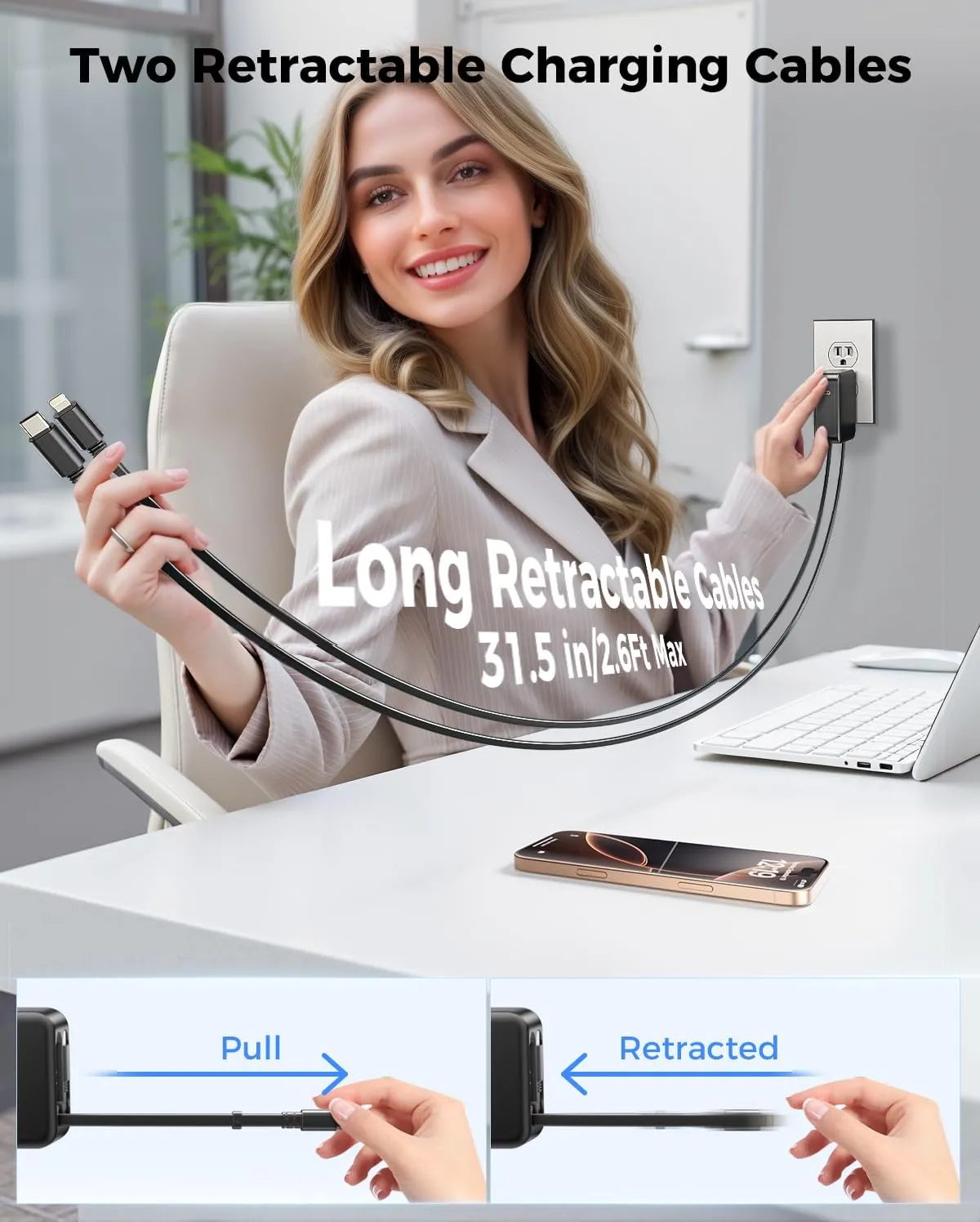 SUPERONE 62W Retractable Wall Charger with Dual Cables, 3-Port USB Charger Block, 35W iPhone Chargers Fast Charging for iPhone 16/15/14/13/12/11 Series, Pad, Tablet, LG, Samsung and More