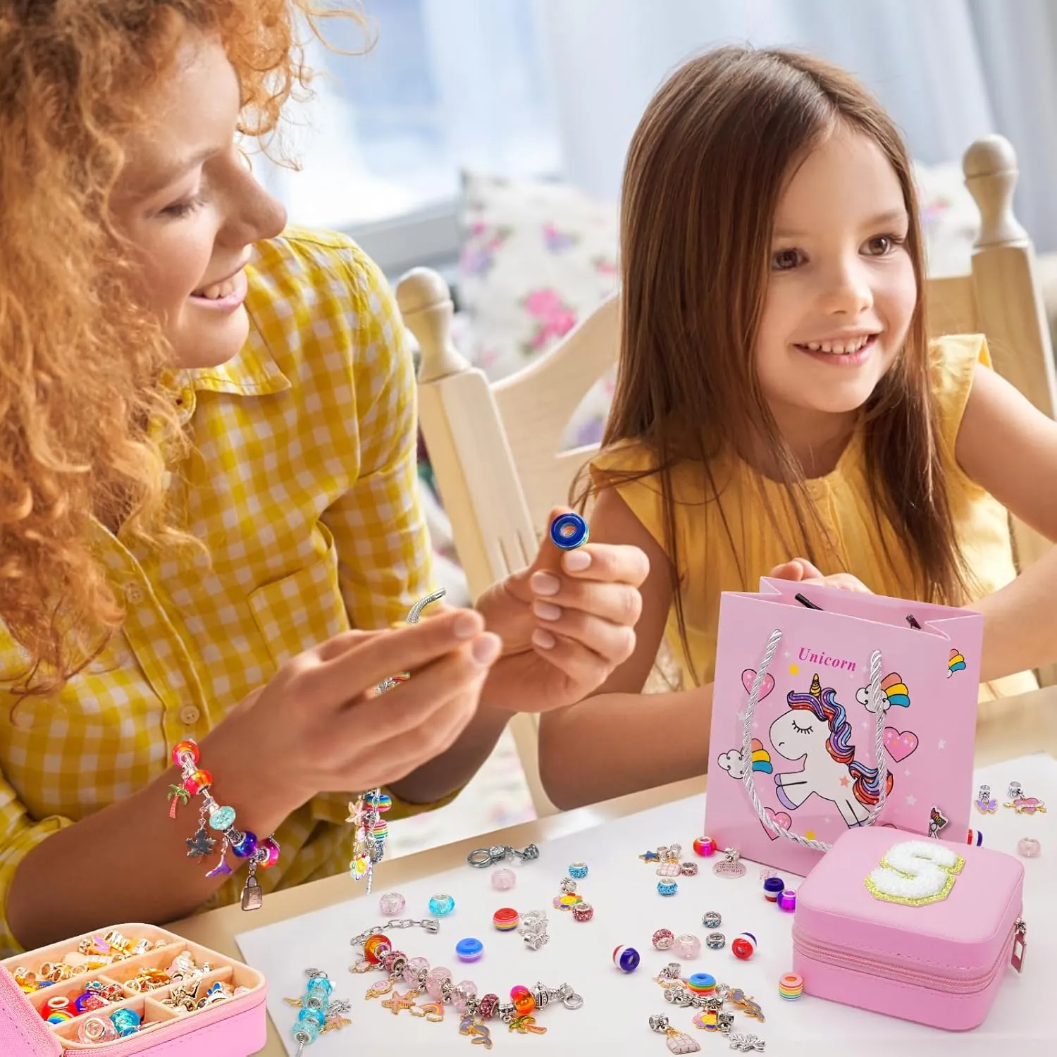 SUREHOME Charm Bracelet Making Kit for Girls 8-12, Art & Crafts for Ages 6-8 Kids Jewelry Making Kit with Initial Box Perfect Personalized Gifts 7  9 10 11 Year Old Girls Birthday Christmas Stuff - A