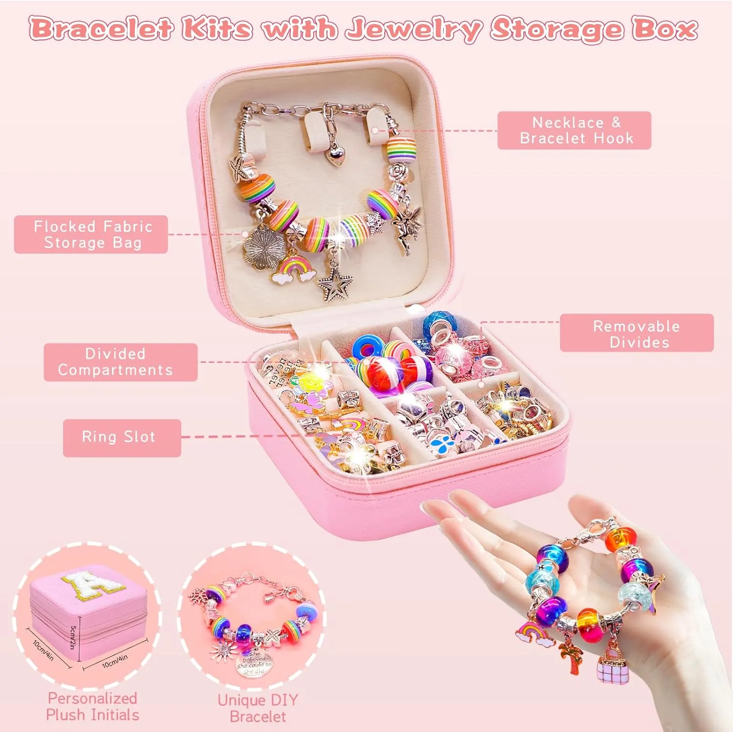 SUREHOME Charm Bracelet Making Kit for Girls 8-12, Art & Crafts for Ages 6-8 Kids Jewelry Making Kit with Initial Box Perfect Personalized Gifts 7  9 10 11 Year Old Girls Birthday Christmas Stuff - A