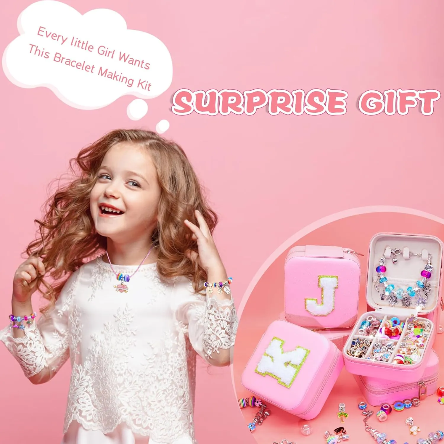 SUREHOME Charm Bracelet Making Kit for Girls 8-12, Art & Crafts for Ages 6-8 Kids Jewelry Making Kit with Initial Box Perfect Personalized Gifts 7  9 10 11 Year Old Girls Birthday Christmas Stuff - A
