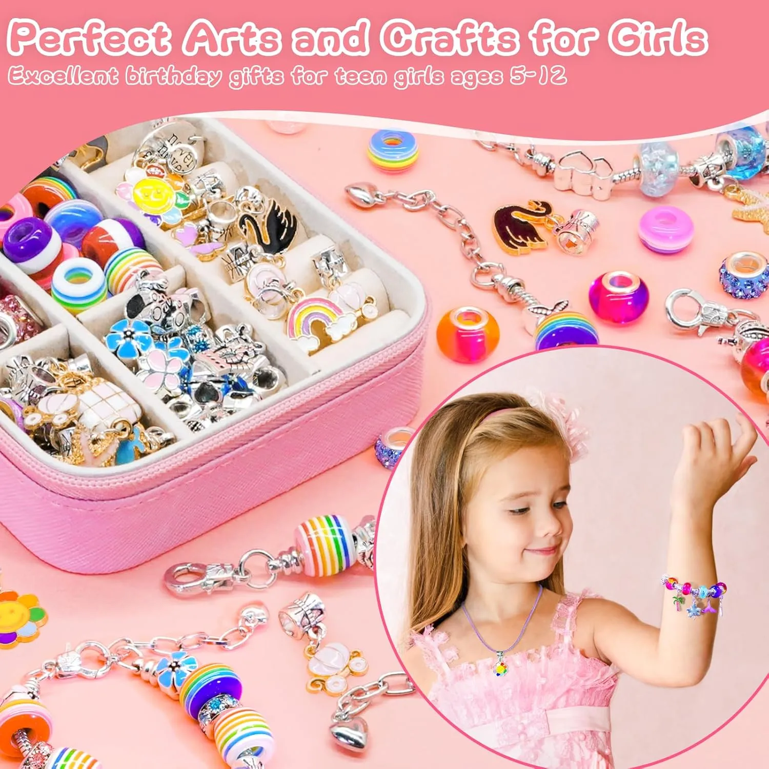 SUREHOME Charm Bracelet Making Kit for Girls 8-12, Art & Crafts for Ages 6-8 Kids Jewelry Making Kit with Initial Box Perfect Personalized Gifts 7  9 10 11 Year Old Girls Birthday Christmas Stuff - A