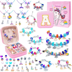 SUREHOME Charm Bracelet Making Kit for Girls 8-12, Art & Crafts for Ages 6-8 Kids Jewelry Making Kit with Initial Box Perfect Personalized Gifts 7  9 10 11 Year Old Girls Birthday Christmas Stuff - A