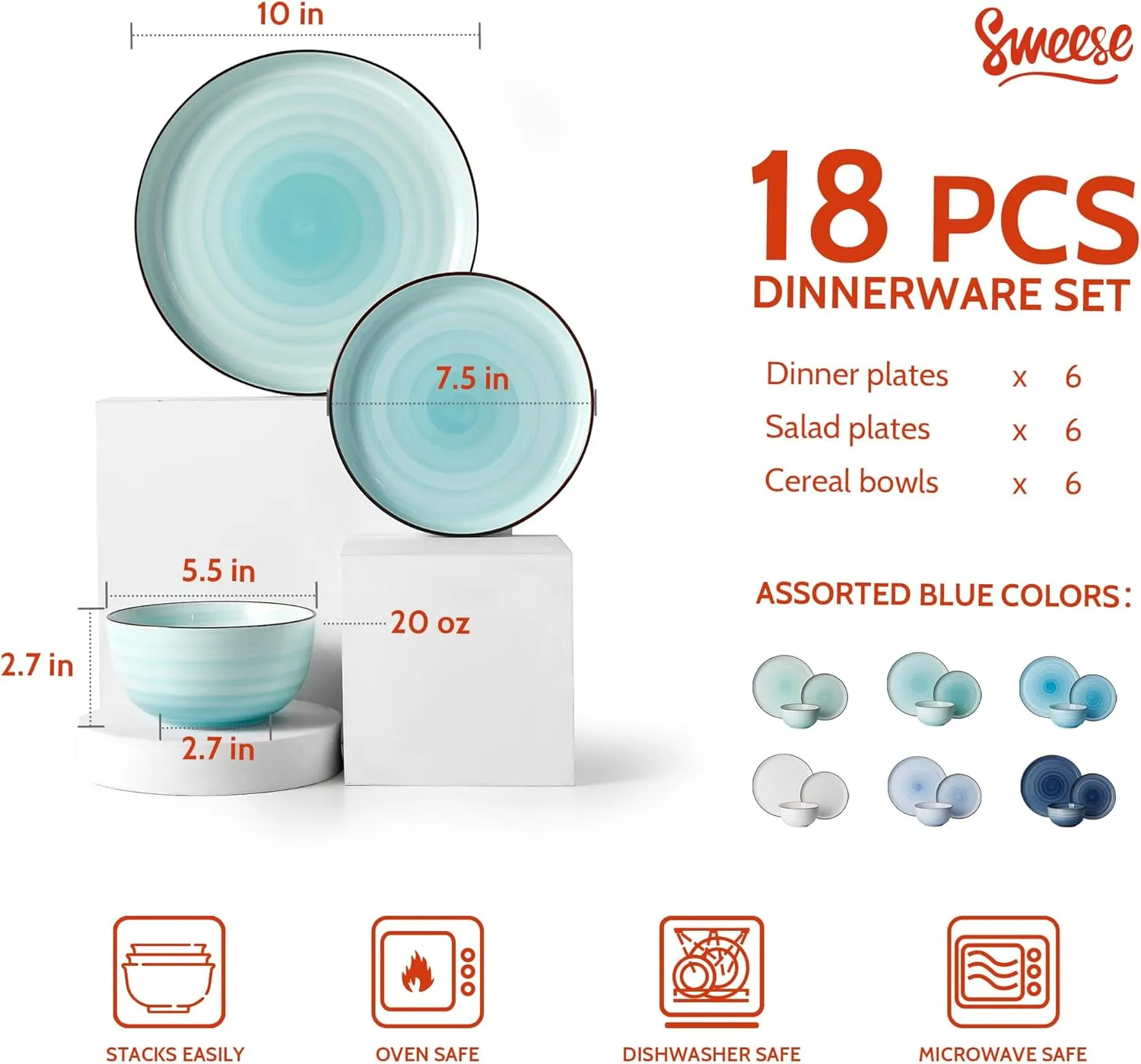 Sweese Plates and Bowls Sets, 18 Piece Dinnerware Set Porcelain Round Dinner Set for 6, Scratch Resistant Dishes Set, Dishwasher and Oven Microwave Safe Handpainted Swirl Dishware Sets, Assorted Blue