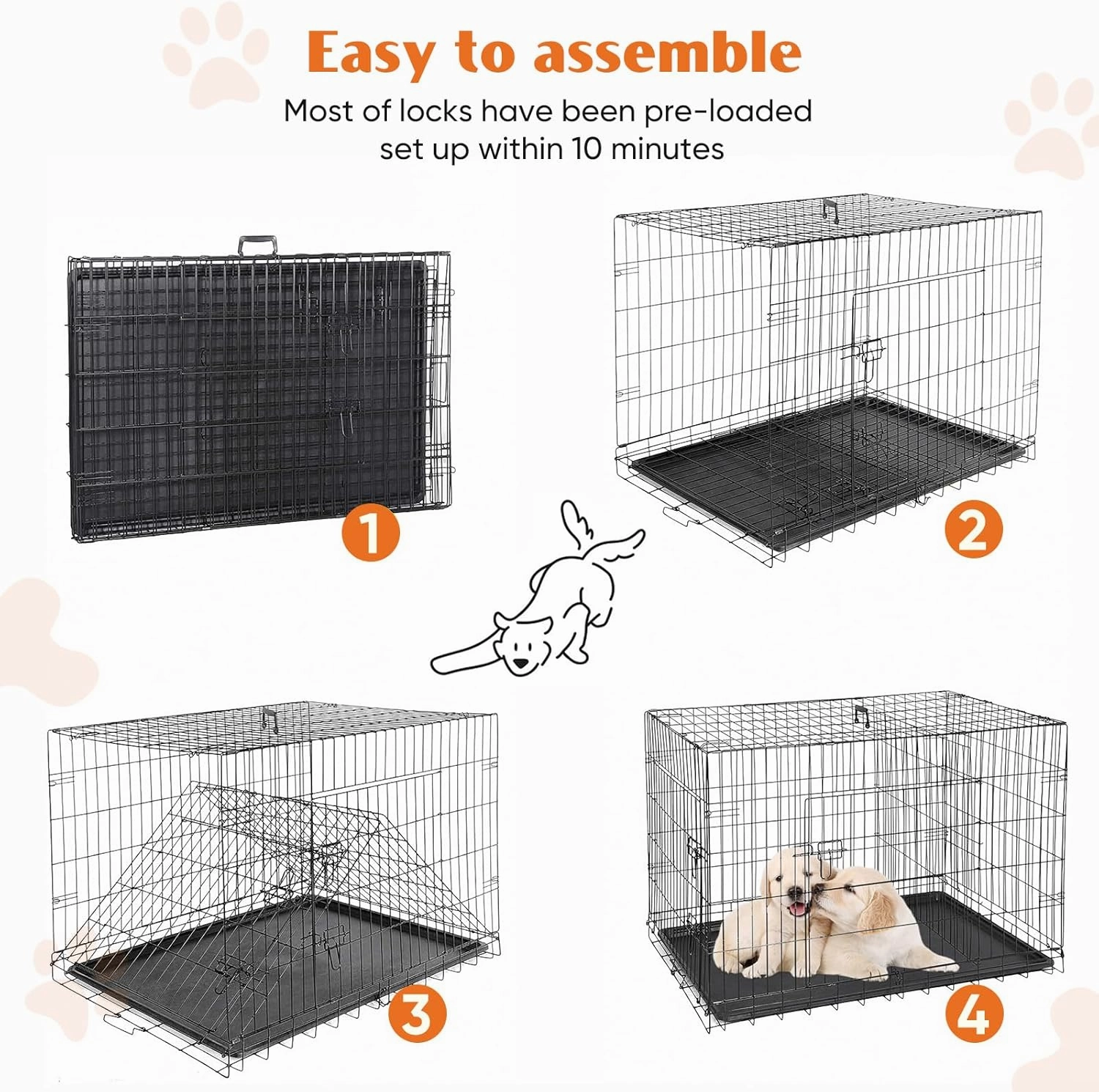 Sweetcrispy Large Dog Crate with Divider Panel, 36 Inch Double Door Folding Metal Wire Dog Cage with Plastic Leak-Proof Pan Tray, Pet Kennel for Indoor, Outdoor, Travel, 36S
