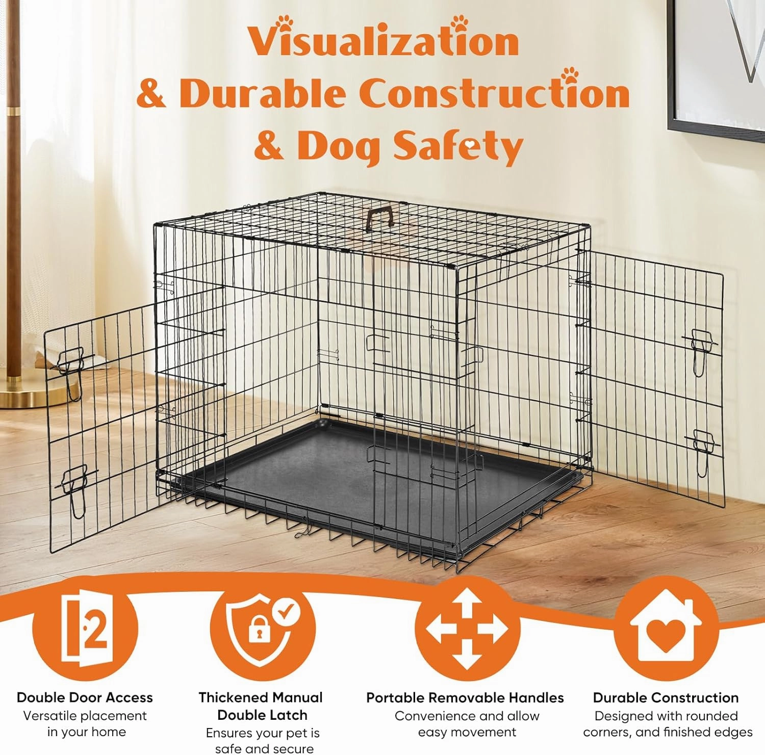 Sweetcrispy Large Dog Crate with Divider Panel, 36 Inch Double Door Folding Metal Wire Dog Cage with Plastic Leak-Proof Pan Tray, Pet Kennel for Indoor, Outdoor, Travel, 36S