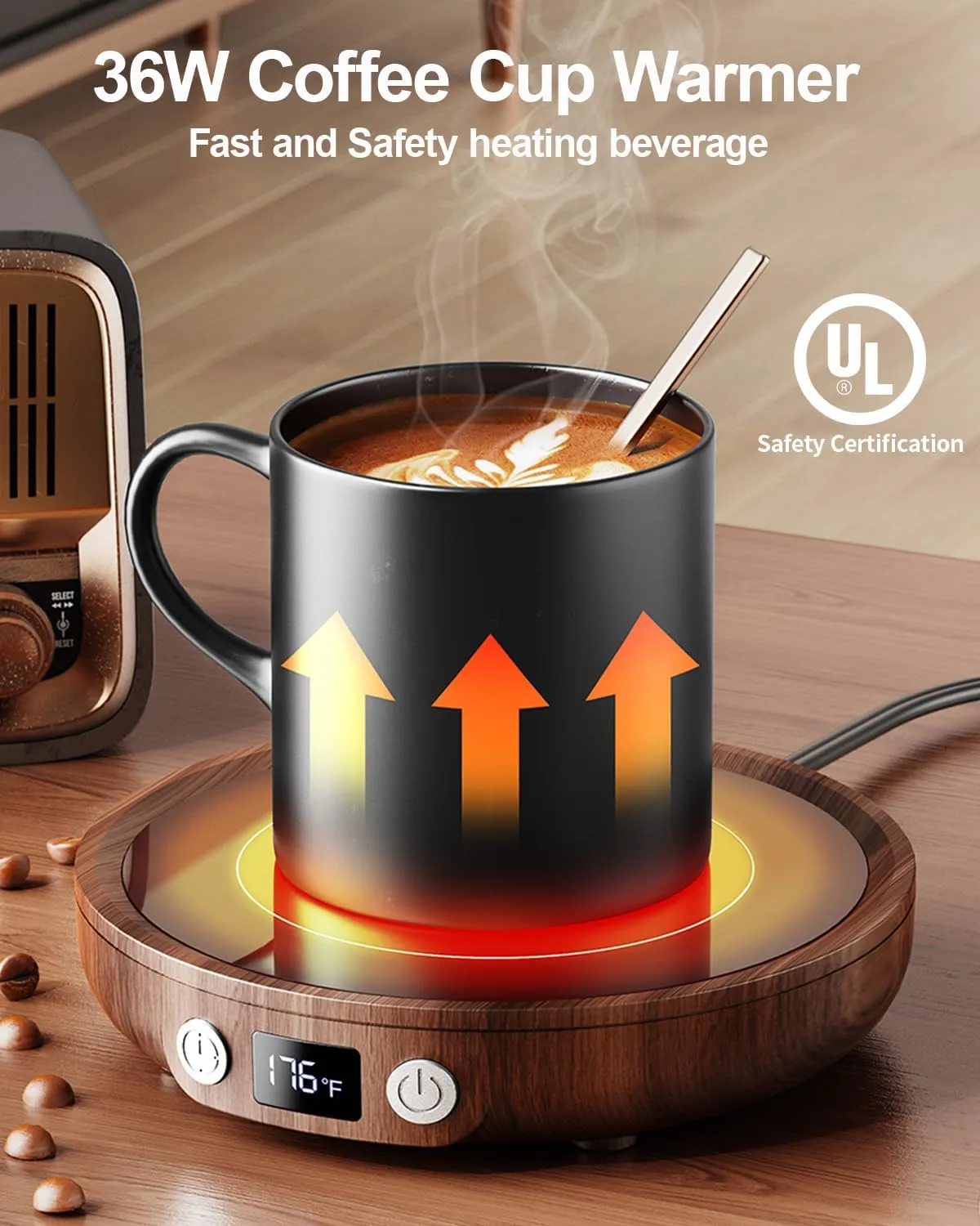 SWEETFULL Mug Warmer - 36W Coffee Cup Warmer for Desk with 3-Temp Settings Display, 2-12H Timer, Candle Warmer Plate, Coffee Accessories for Women Men Mom Dad - Wood