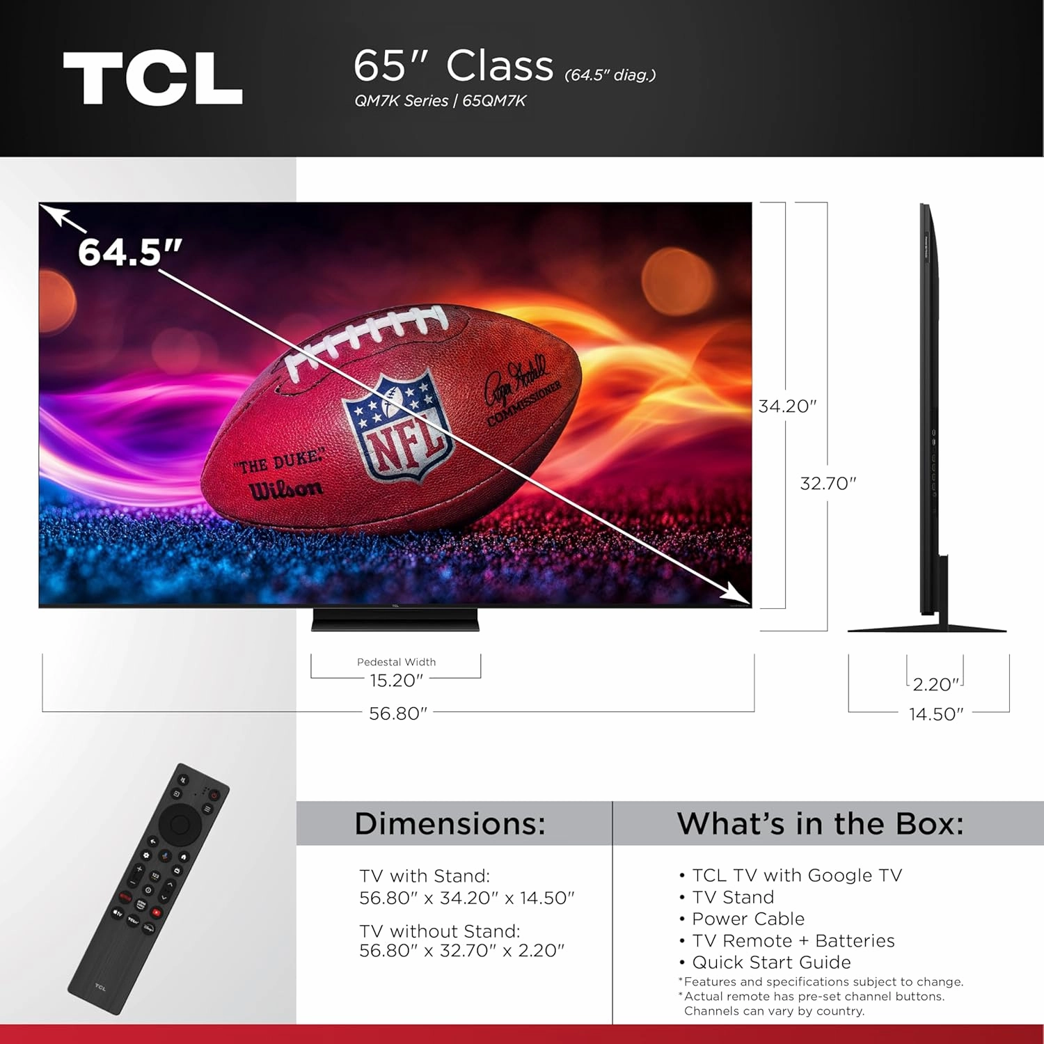 TCL 65-Inch QM7K QLED 4K Smart QD-Mini LED TV with Google TV (65QM7K, 2025 Model) Dolby Vision IQ, Dolby Atmos, HDR, Game Accelerator up to 288Hz, Voice Remote, Works with Alexa, Streaming Television
