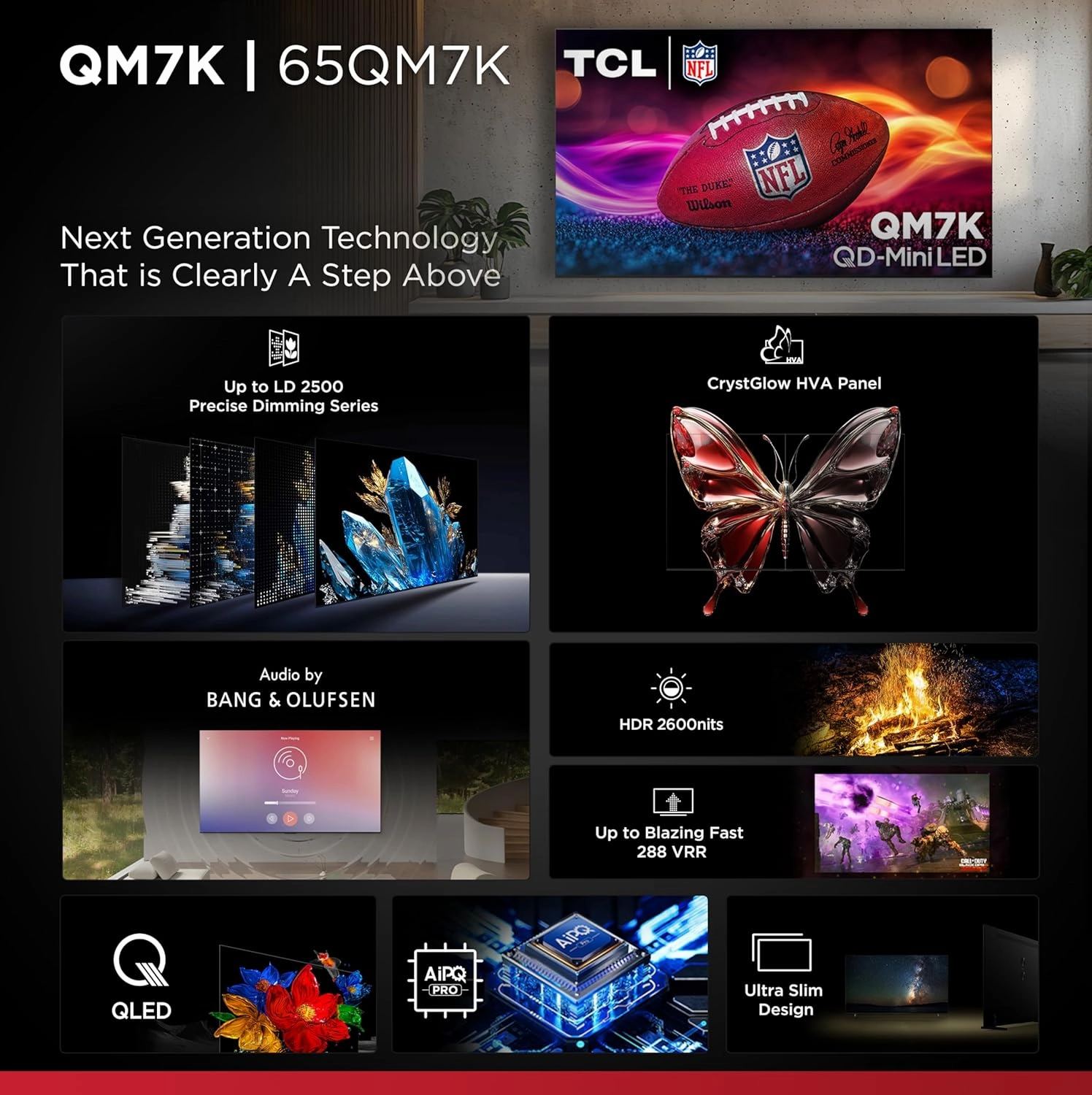 TCL 65-Inch QM7K QLED 4K Smart QD-Mini LED TV with Google TV (65QM7K, 2025 Model) Dolby Vision IQ, Dolby Atmos, HDR, Game Accelerator up to 288Hz, Voice Remote, Works with Alexa, Streaming Television