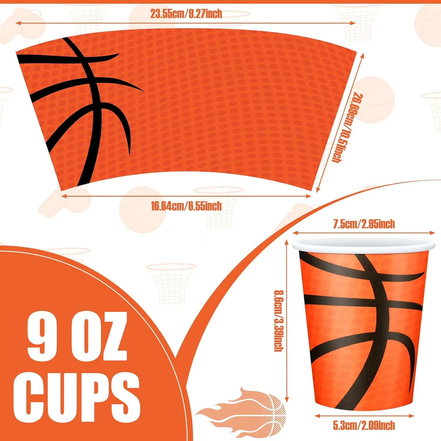 Teling 100 Pieces Basketball Themed Party Paper Cups Disposable 9oz Paper Cups for Sports Supplies Decorations Drinking for Birthday Party Favors