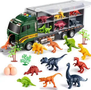 TEMI 39 in 1 Dinosaur Truck Toys for Kids 3-5, Toddler Toys Transport Vehicle Carrier Car with Lights, Music and Sounds, Dinosaur Play Set w/Dino Eggs & Activity Play Mat, Gift for Boys Girls
