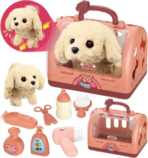 TEUVO Pet Care Play Set Robot Dog Toys for Kids 12Pcs Puppy Dog Toy Pet Walk Grooming Vet Toys Set with Interactive Electric Dog Plush & Cage Pretend Play Gifts for Girls Toddlers 3 4 5 6 7 8 Year Old