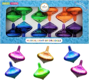 The Dreidel Company Hanukkah Musical Light-Up Dreidel Spinning Tops Set, Plays 2 Classic Hanukkah Songs, Assorted Colors (Pack of 12)