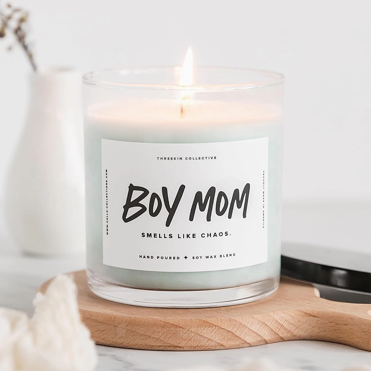 ThreeKin Scented Candles for Boy Mom, Natural Soy Wax Candles for Home, Relaxing Aromatherapy for Moms, Driftwood Essential Oils with a Hint of Chaos, Long Lasting Candle Burns for 75 Hours