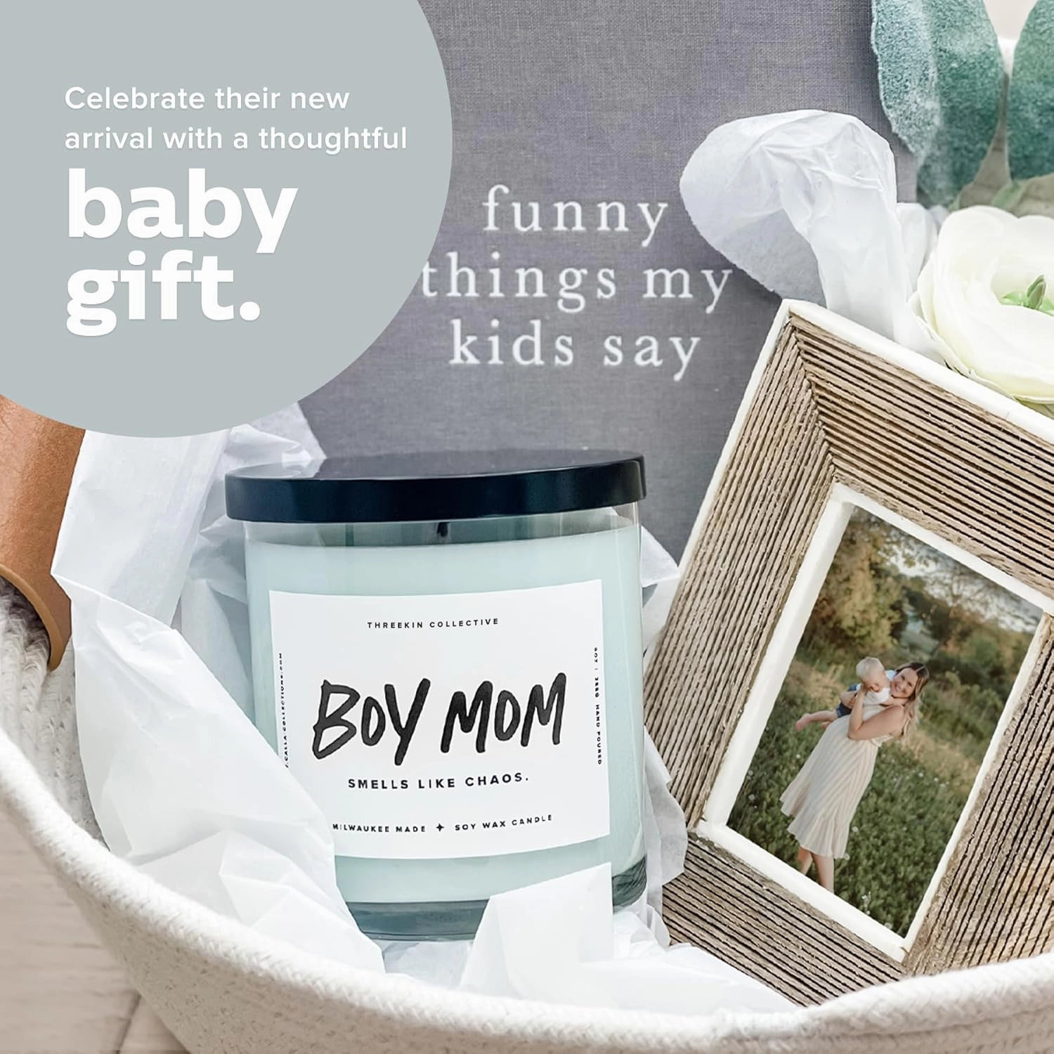 ThreeKin Scented Candles for Boy Mom, Natural Soy Wax Candles for Home, Relaxing Aromatherapy for Moms, Driftwood Essential Oils with a Hint of Chaos, Long Lasting Candle Burns for 75 Hours