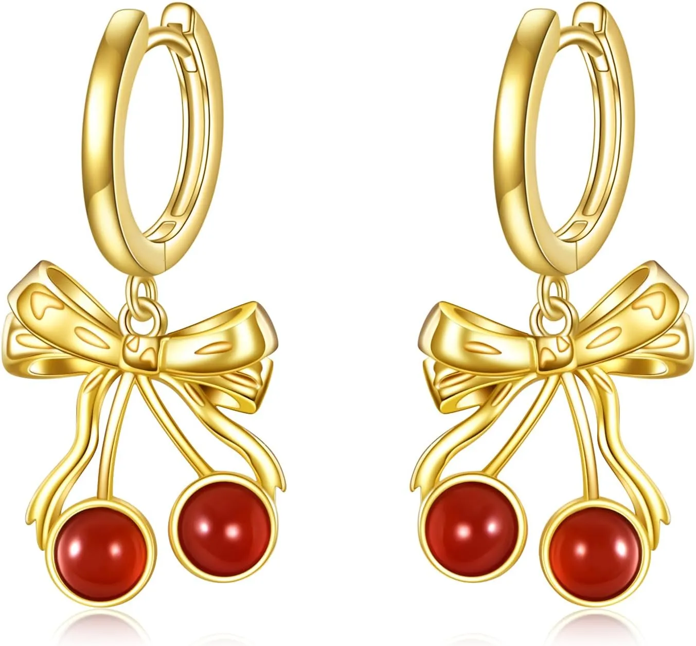 TIGER RIDER Bow Ribbon Hoop Earrings 14K Gold Plated Red Carnelian Cherry Fruit Earring for Birhtday Gifts
