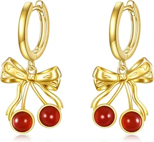TIGER RIDER Bow Ribbon Hoop Earrings 14K Gold Plated Red Carnelian Cherry Fruit Earring for Birhtday Gifts
