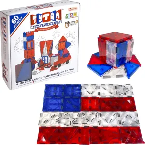 TILES 4th of July 60-Piece Magnetic Tiles Building Set, Ergonomic Design, Kids’ STEM Toy, Architectural Building, Creative Play, Pattern Recognition, America USA Themed, Ages 3 and Up