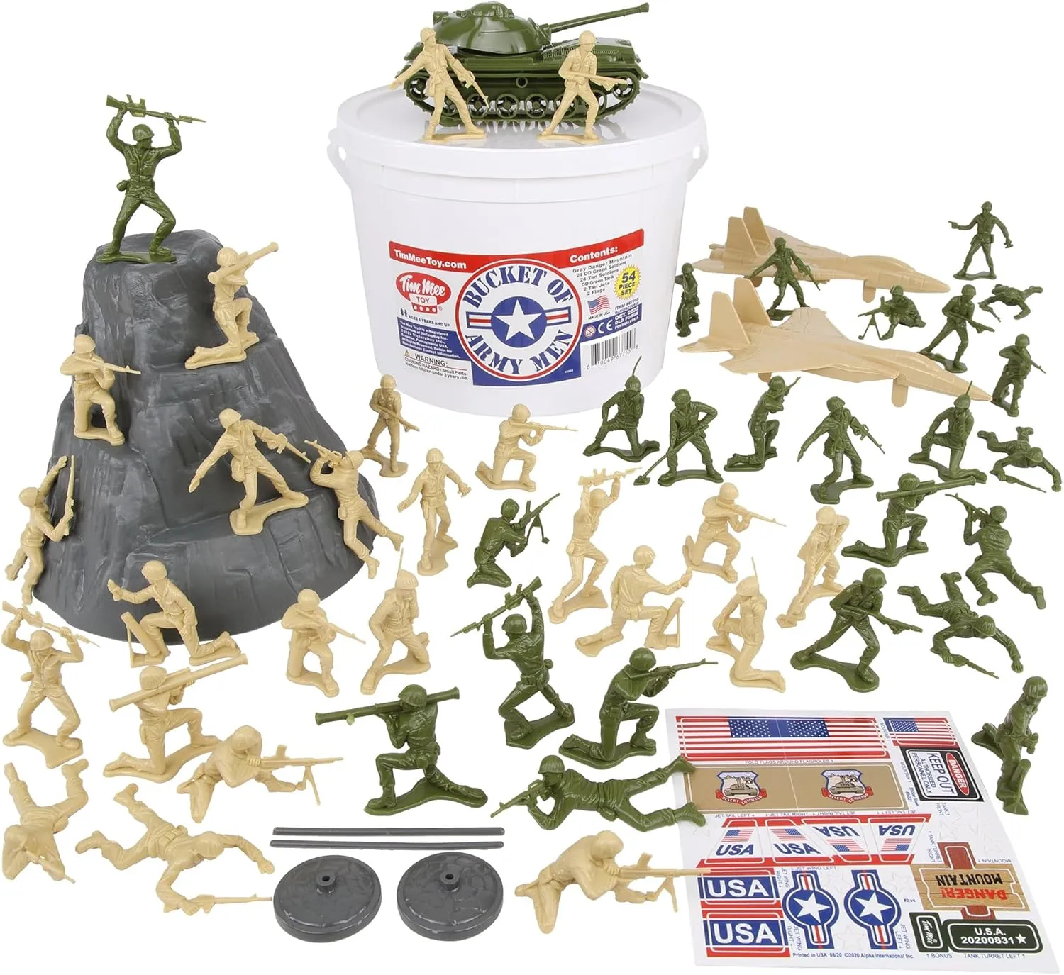 TimMee Bucket of Army Men - OD Green vs. Tan 54pc Soldier Playset - Made in USA