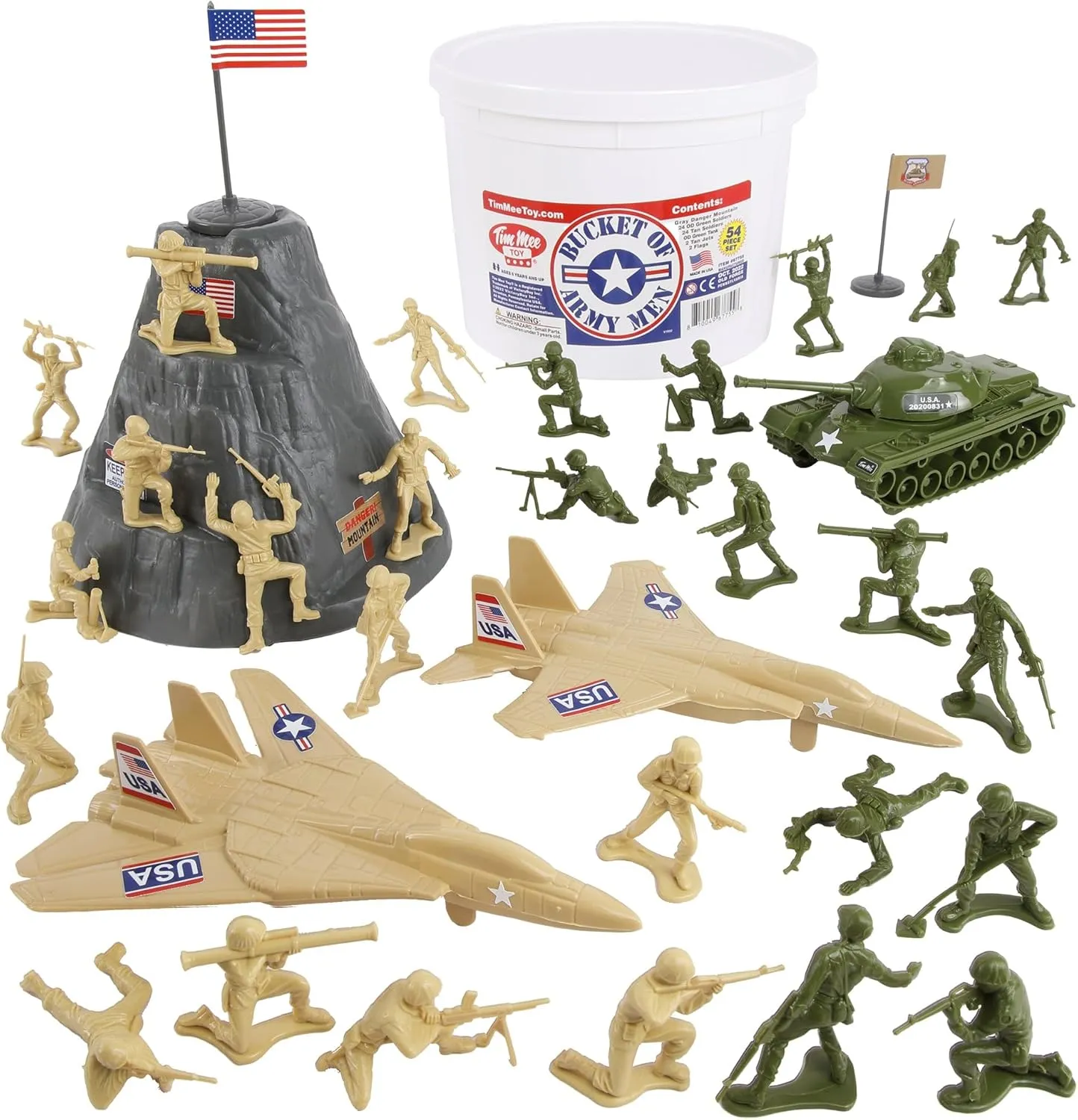 TimMee Bucket of Army Men - OD Green vs. Tan 54pc Soldier Playset - Made in USA