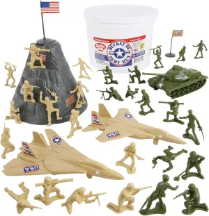 TimMee Bucket of Army Men - OD Green vs. Tan 54pc Soldier Playset - Made in USA