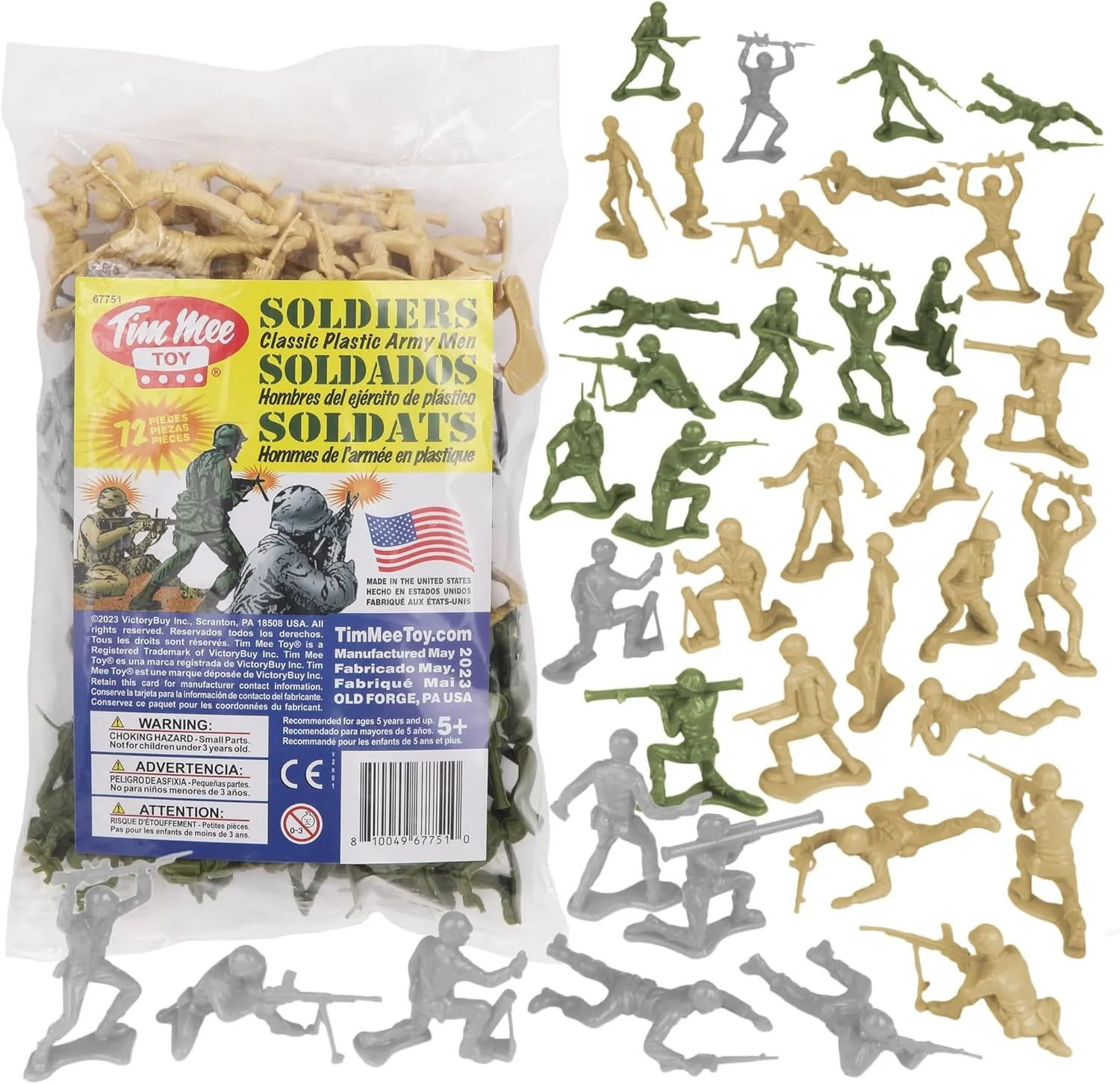 TimMee Plastic Army Men OD Green, Tan & Gray 72pc Soldier Figures - Made in USA