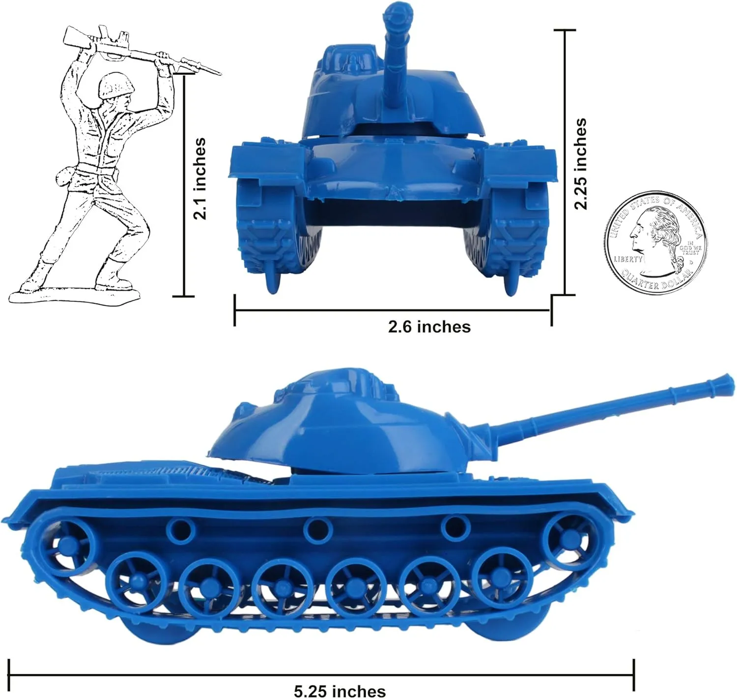 TimMee Toy Tanks for Plastic Army Men - Blue WW2 3pc - Made in USA