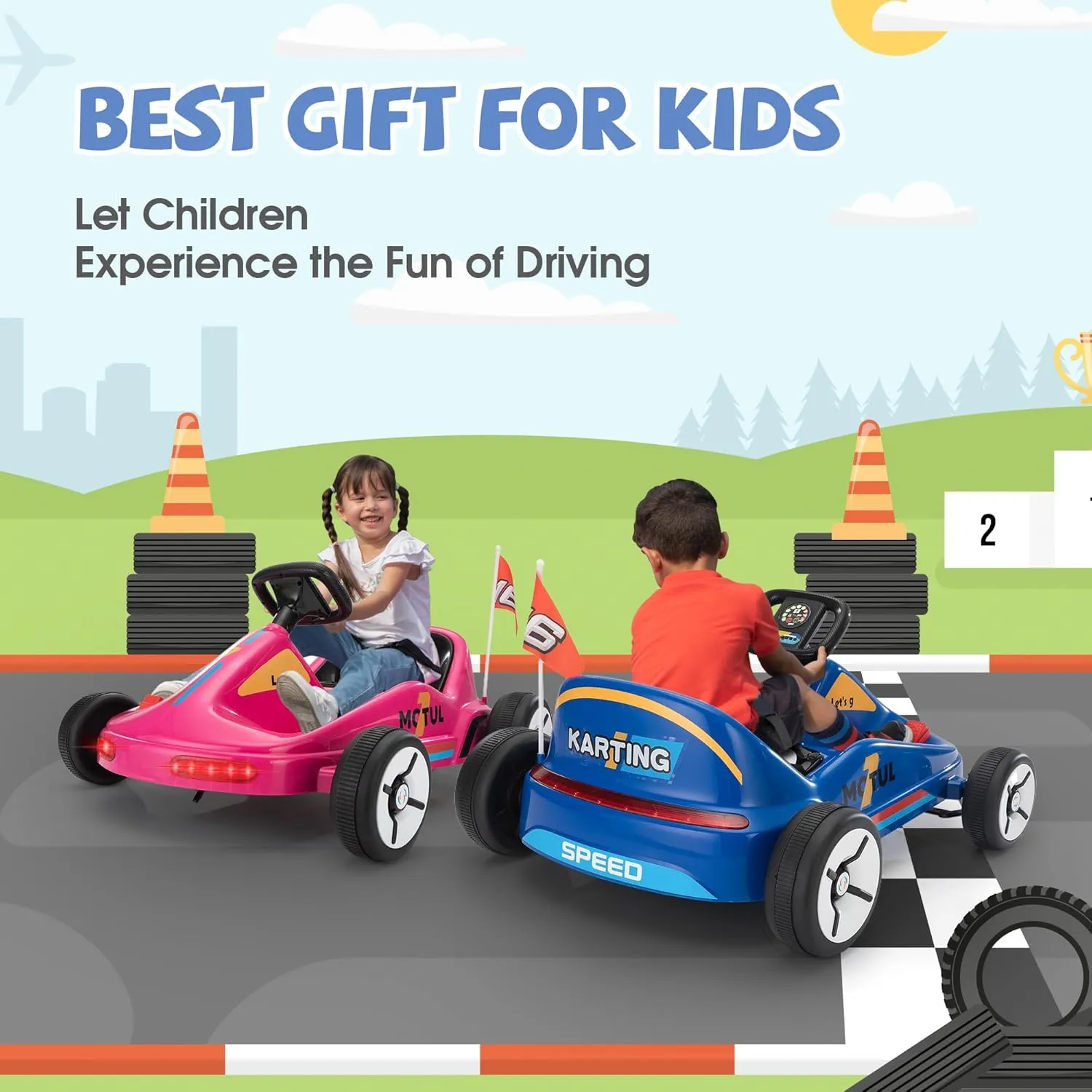 TOBBI Electric Go Kart for Kids, 12V Ride on Car Outdoor Pedal Race Toy with Music, Remote Control, Flashing Lighting, for 3-8 Years Old, Blue