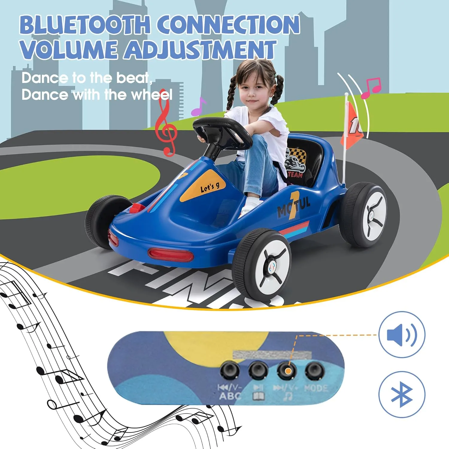 TOBBI Electric Go Kart for Kids, 12V Ride on Car Outdoor Pedal Race Toy with Music, Remote Control, Flashing Lighting, for 3-8 Years Old, Blue