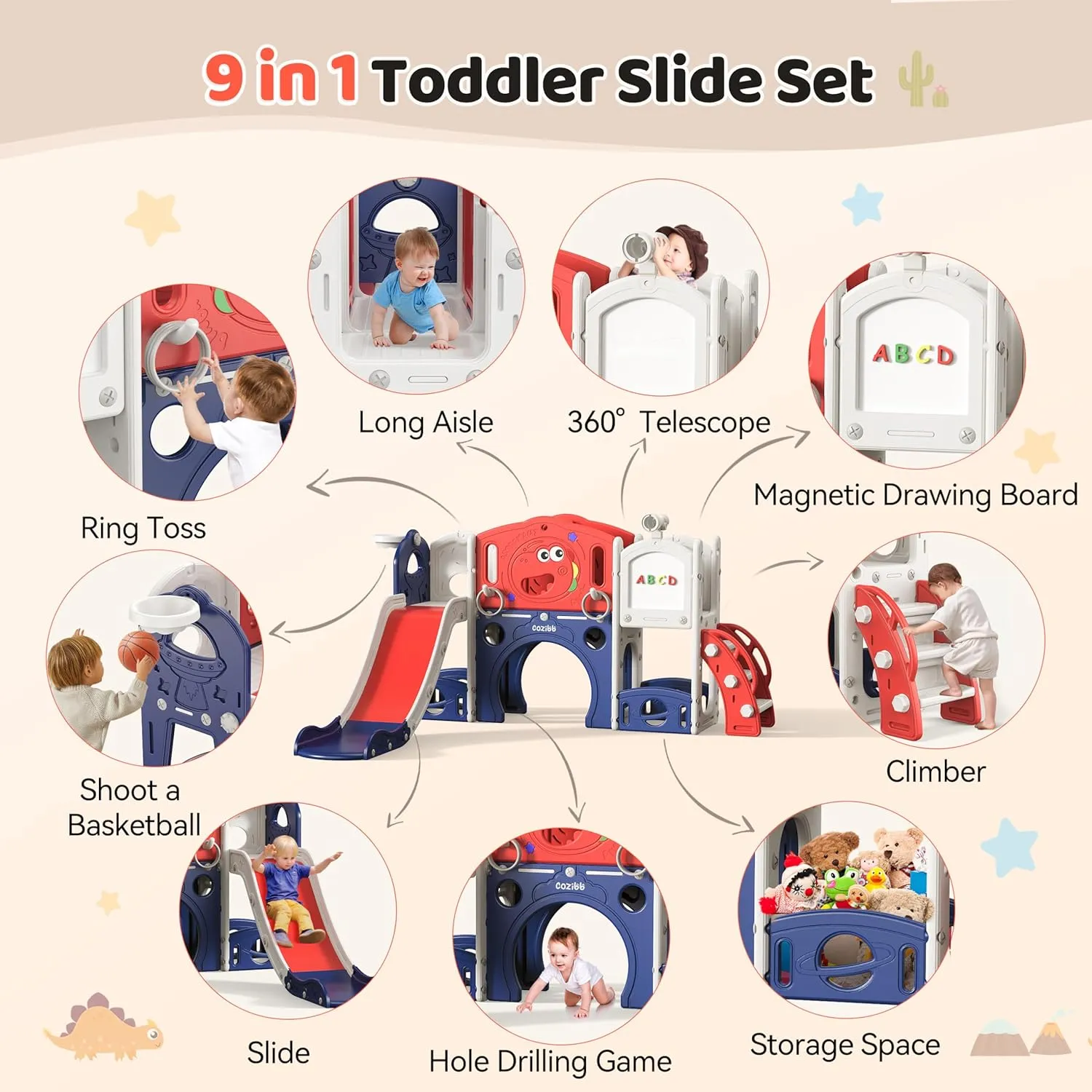 Toddler Slide, 9 in 1 Toddler Playset New Upgrade with Slide, Drawing Board, Basketball Hoop, Telescope and Storage Space, Outdoor Indoor Playground for Toddlers (Red Blue)