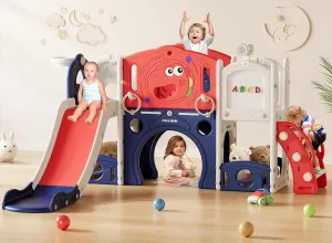 Toddler Slide, 9 in 1 Toddler Playset New Upgrade with Slide, Drawing Board, Basketball Hoop, Telescope and Storage Space, Outdoor Indoor Playground for Toddlers (Red Blue)