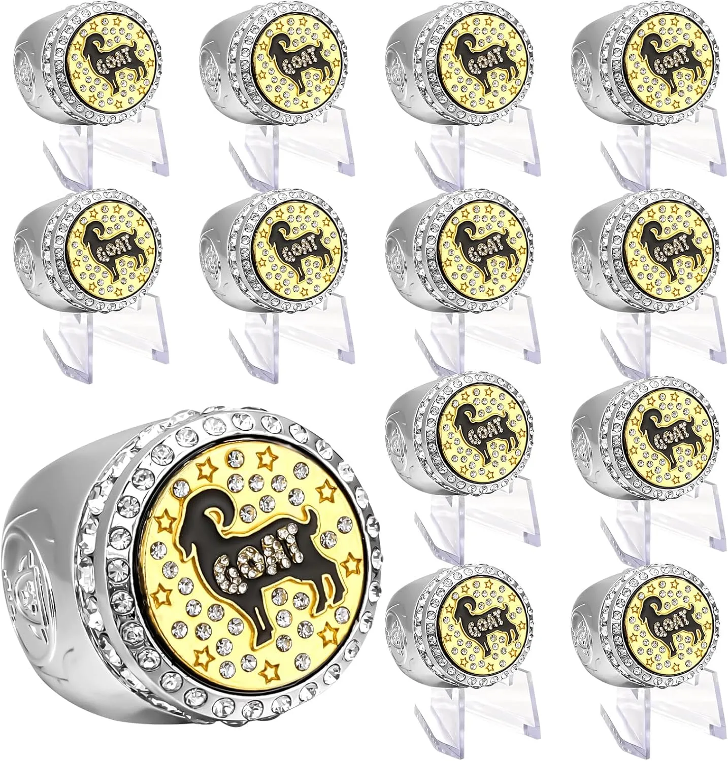 Tondiamo 12 Set Goat Championship Trophy Ring Award Gift with Acrylic Stand Greatest of All Time Champ Ring Football Turnover Trophy Award for Sport Event Tournament or League Champion Winner