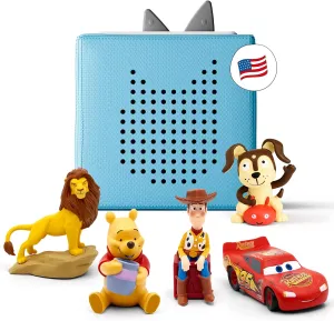 Toniebox Audio Player Disney Starter Set Bundle with Woody, Lightning McQueen, Simba, Winnie-The-Pooh, and Playtime Puppy - Listen, Learn, and Play with One Huggable Little Box - Light Blue