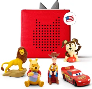 Toniebox Audio Player Disney Starter Set Bundle with Woody, Lightning McQueen, Simba, Winnie-The-Pooh, and Playtime Puppy - Listen, Learn, and Play with One Huggable Little Box - Red