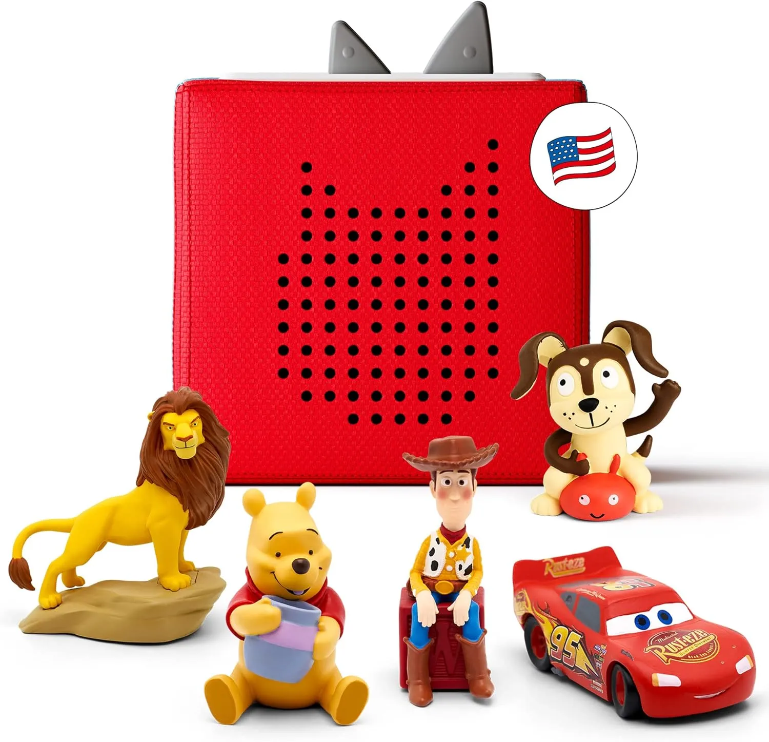 Toniebox Audio Player Disney Starter Set Bundle with Woody, Lightning McQueen, Simba, Winnie-The-Pooh, and Playtime Puppy - Listen, Learn, and Play with One Huggable Little Box - Red