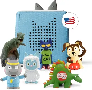 Tonies for Teachers Audio Player Starter Kit with Pete The Cat, Healthy Habits, Laurie Berkner, National Geographic Dinosaur, and Yeti - Light Blue