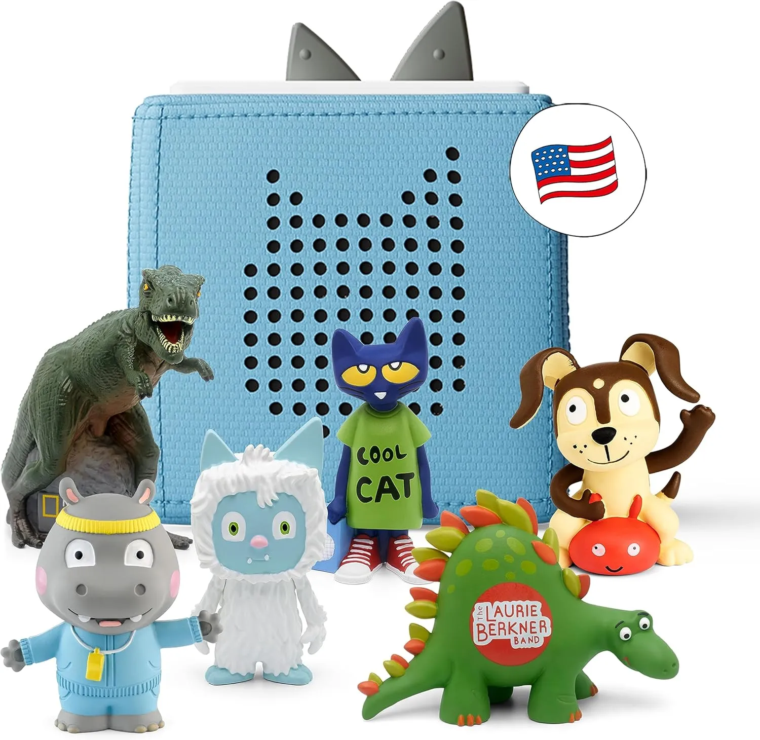 Tonies for Teachers Audio Player Starter Kit with Pete The Cat, Healthy Habits, Laurie Berkner, National Geographic Dinosaur, and Yeti - Light Blue